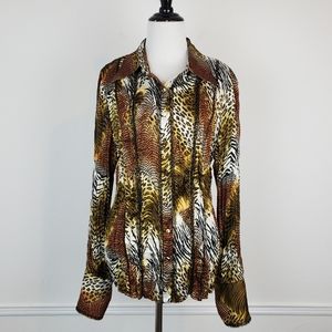 Kaelyn Max Top Crinkle Fabric Animal Print Leopard Tiger Metallic Lace Brown